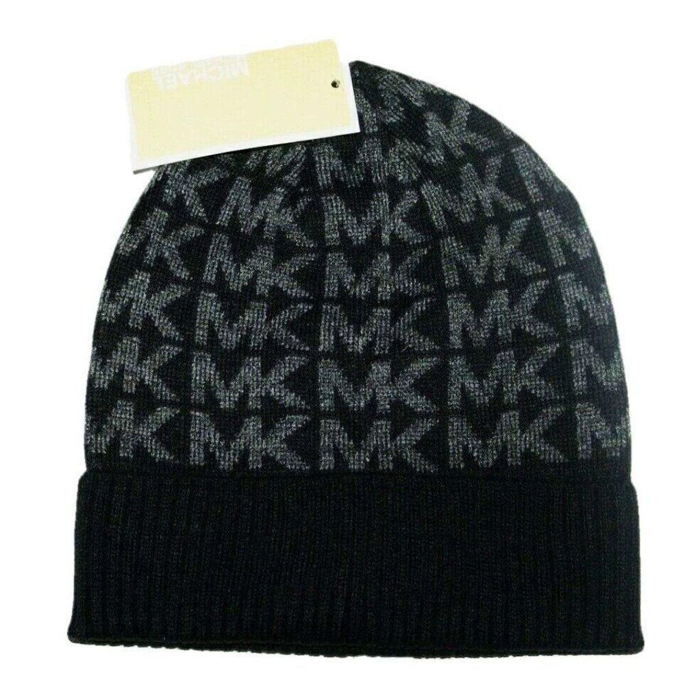 Michael Kors Women's Signature Logo Print Beanie Winter Hat One Size Gray black